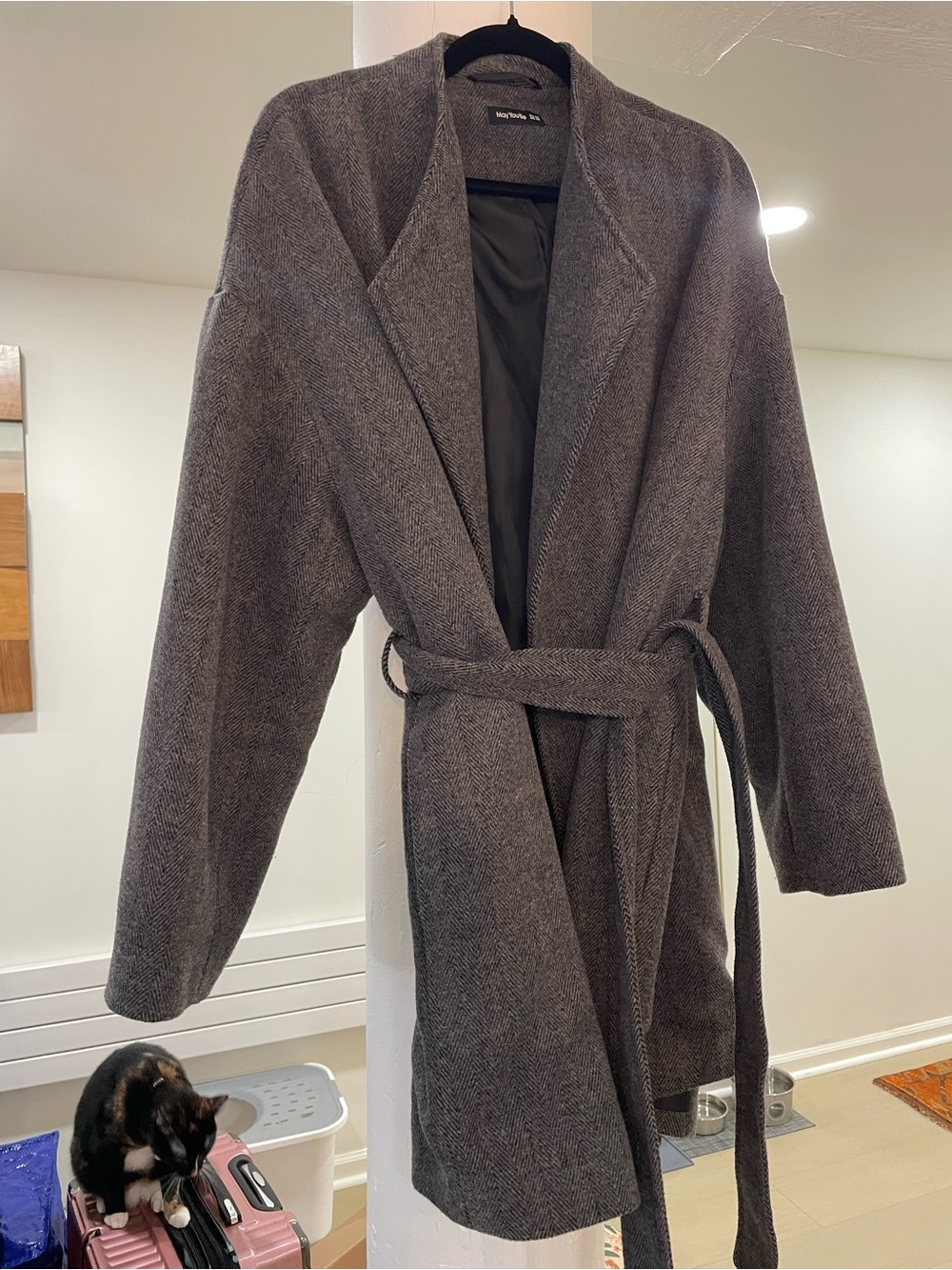 Gray Belted Wool-Blend Coat